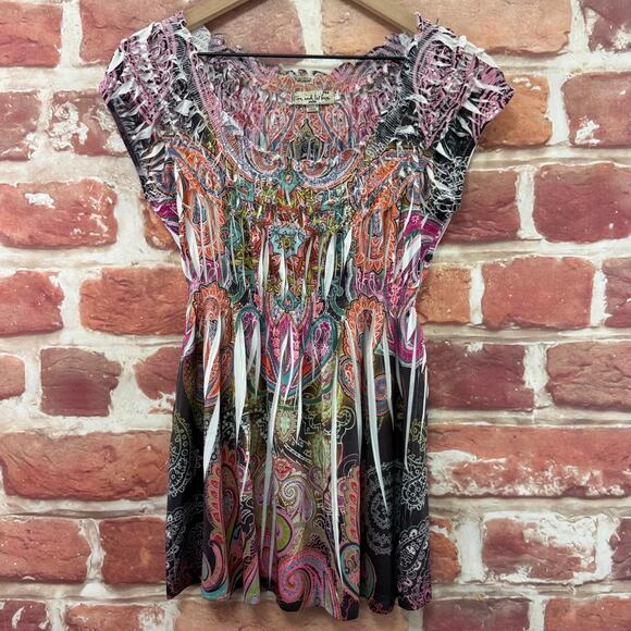 One World Live and Let Live Top Shirt Women's MP Boho Floral Abstract Tunic - Picture 6 of 8